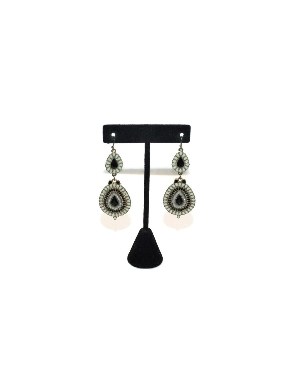 VTG Gold Tone, Faux Pearls, Black Plastic, Black & White Enamel Dangle Earrings.